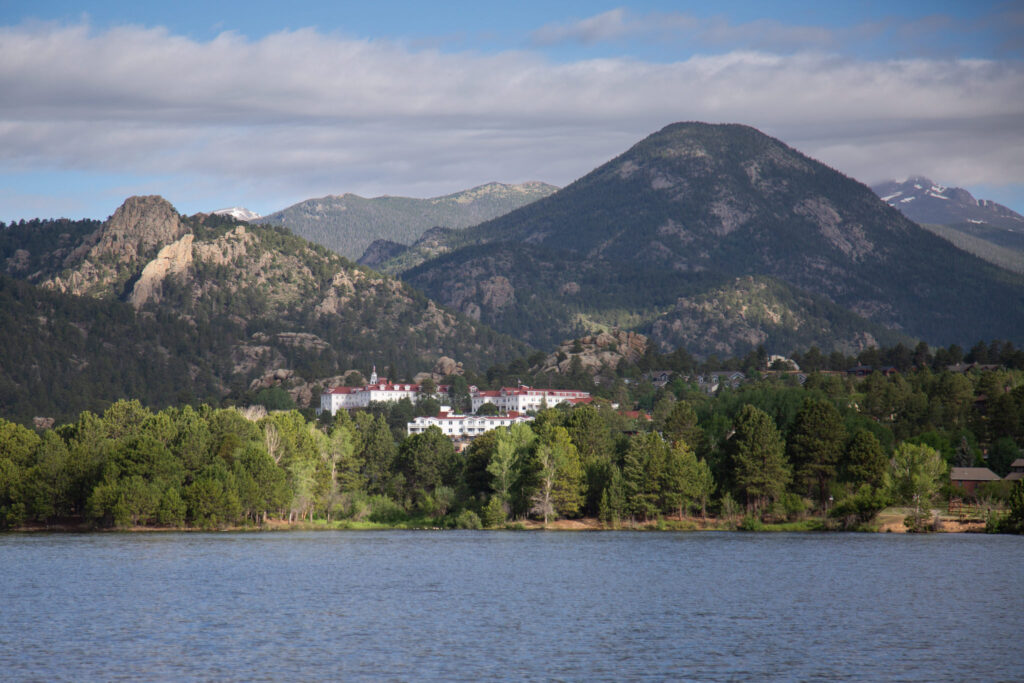 The Stanley Hotel; one of the most stunning Estes Park wedding venues; from lake Estes