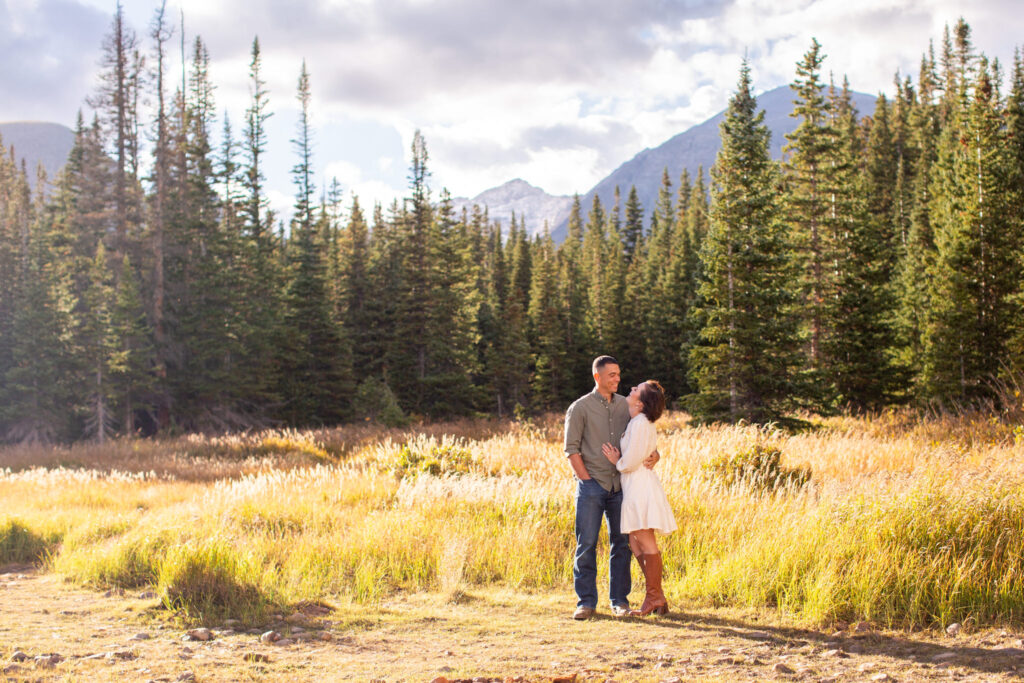 A couple gaze into each others eyes during their engagement session, by Brainard Lake Photographer Stephanie Eddy