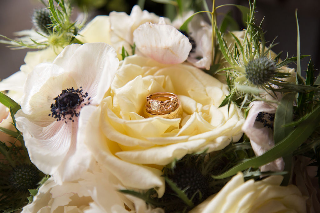 Details of rose gold wedding rings in a yellow flower